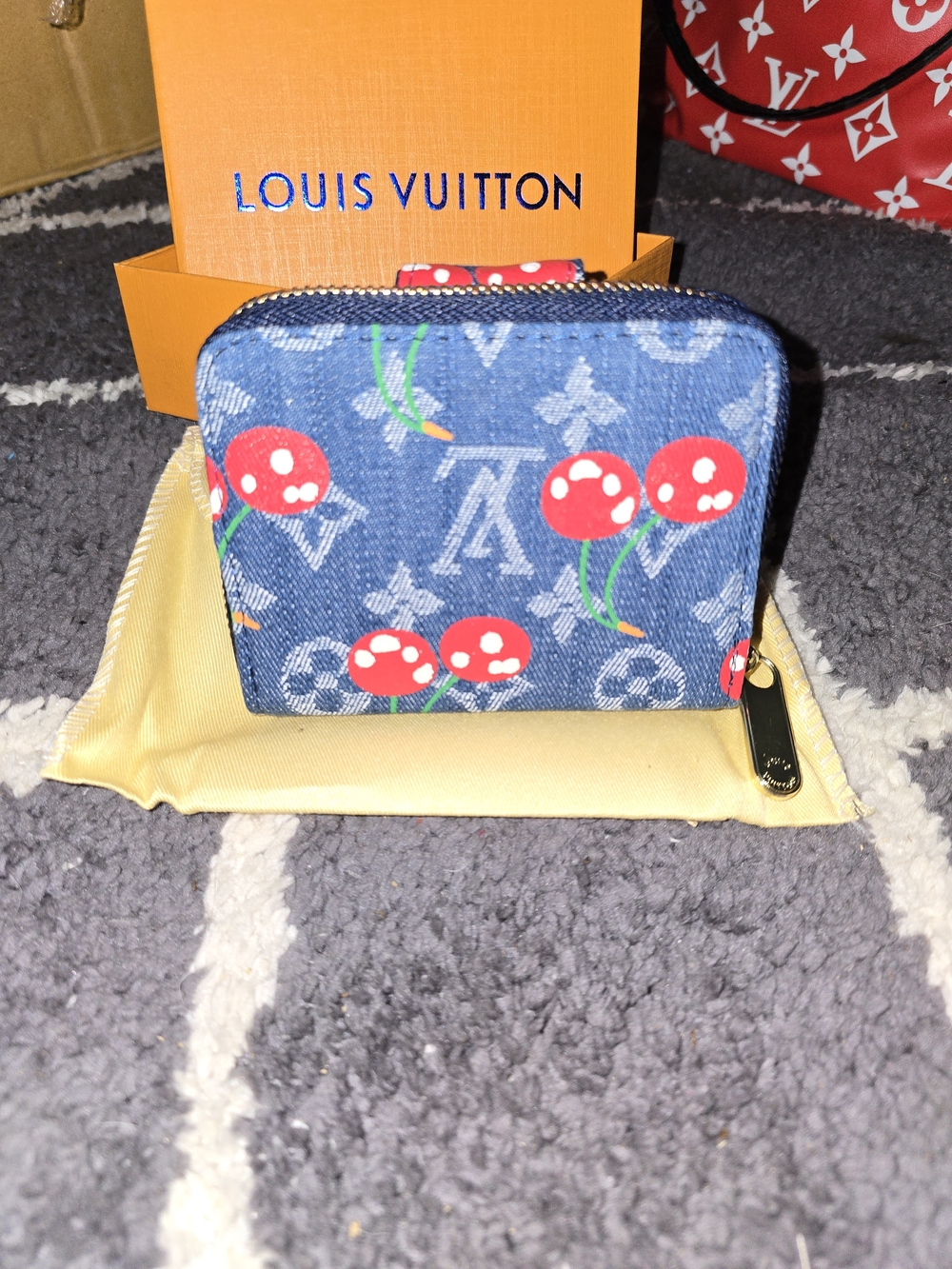 :FIRM: Cherry Monogram Denim Compact Wallet in Blue - Picture 2 of 6